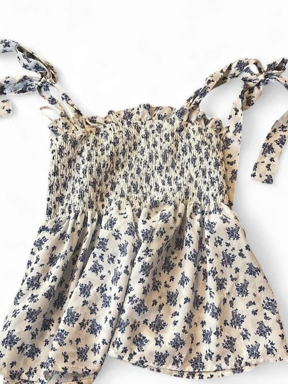 Floral Smocked Casual Dress in Cream & Blue